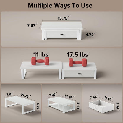 Dual Monitor Stand Riser with Drawers, Desk Organizers for 2 Monitors, Desktop Storage Stand for Computer, Laptop, White