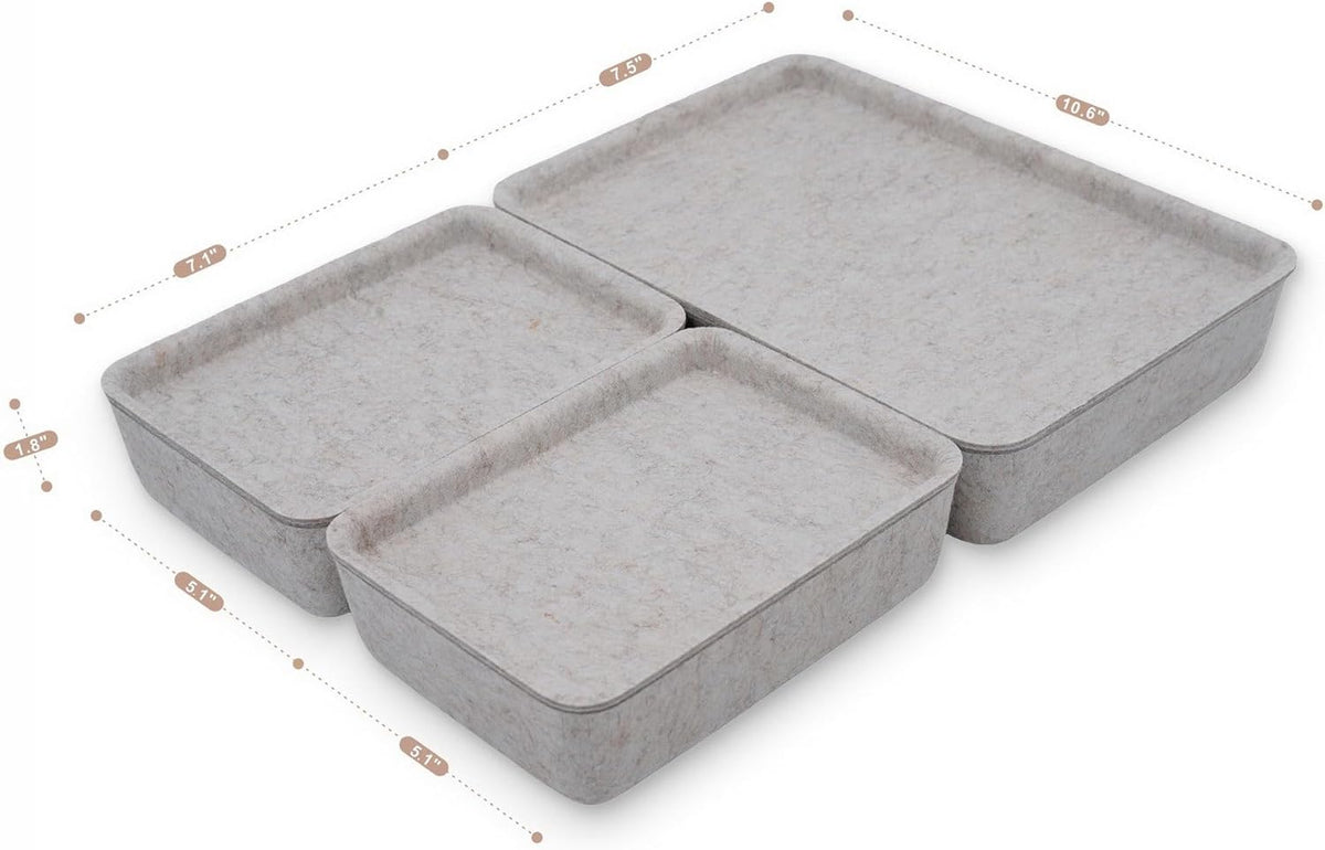 Lidded Felt Drawer Organizer Trays with lids Desktop Organizer Bins Storage box for crafts office supplies pen notes Junk Makeup Stationery Organize 3- Pack (Oatmeal)