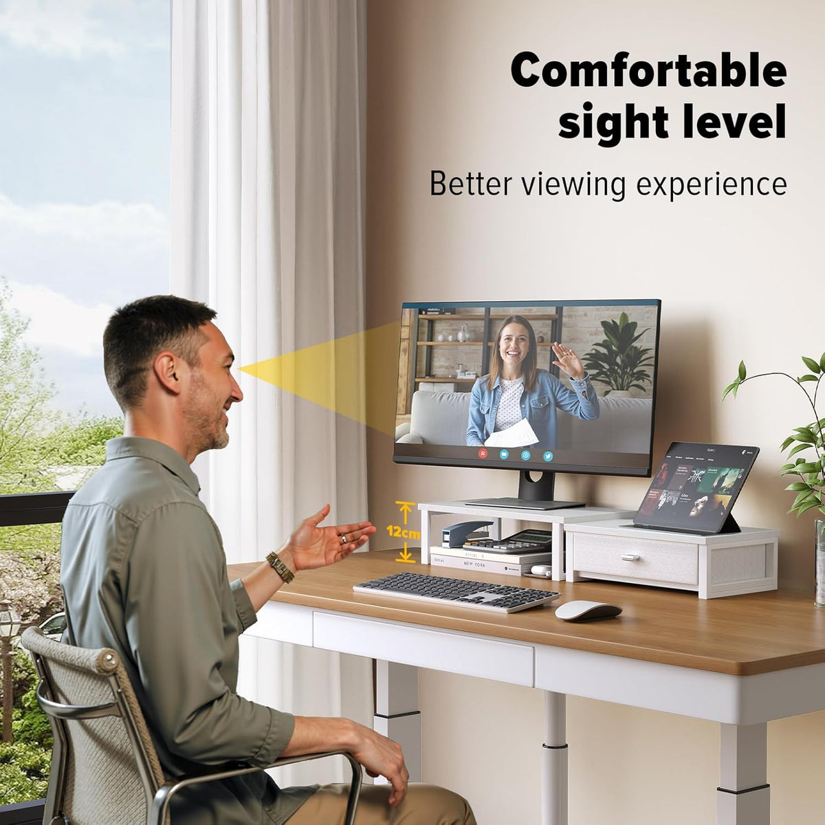 Dual Monitor Stand Riser with Drawers, Desk Organizers for 2 Monitors, Desktop Storage Stand for Computer, Laptop, White