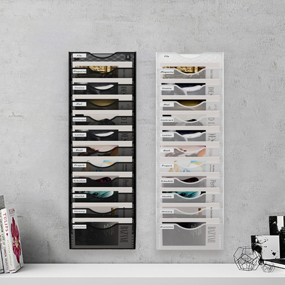 12 Tier Hanging Wall File Holder, Metal A4 Wall Mounted Document Holder, Vertical Hanging Mail Organizer, Magazine Storage Rack for Office Home Classroom, Black