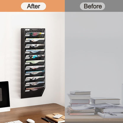 12 Tier Hanging Wall File Holder, Metal A4 Wall Mounted Document Holder, Vertical Hanging Mail Organizer, Magazine Storage Rack for Office Home Classroom, Black