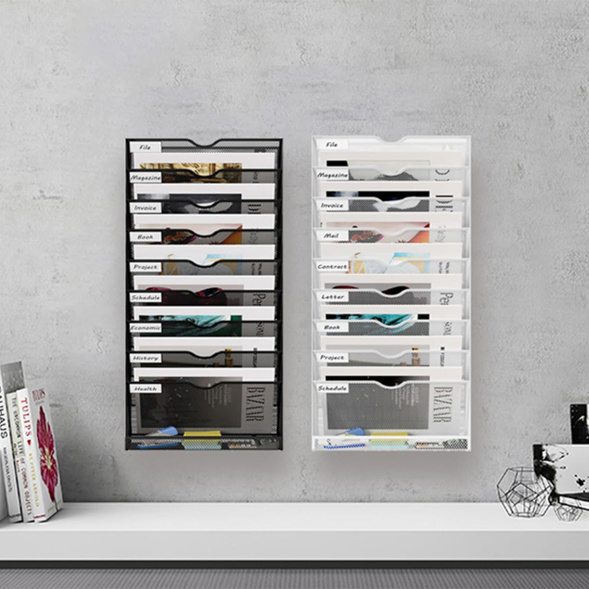 10 Tier Hanging Wall File Holder, Metal A4 Wall Mounted Document Holder, Vertical Hanging Mail Organizer, Magazine Storage Rack with Tray for Office Home Classroom, White
