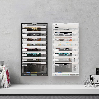 10 Tier Hanging Wall File Holder, Metal A4 Wall Mounted Document Holder, Vertical Hanging Mail Organizer, Magazine Storage Rack with Tray for Office Home Classroom, White