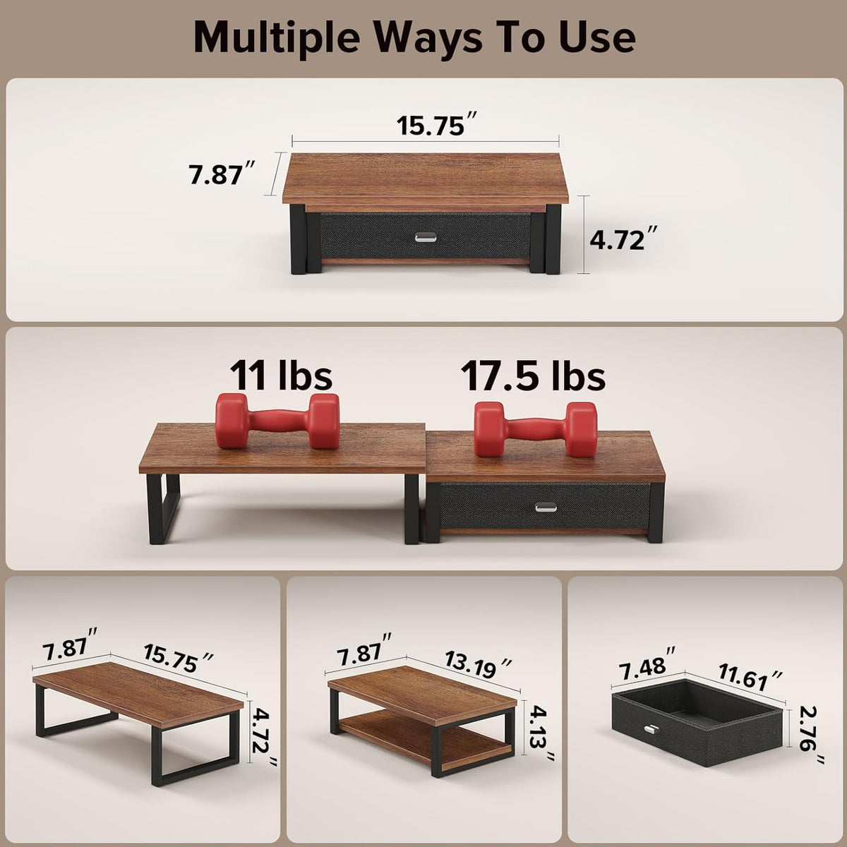 Dual Monitor Stand Riser with Drawers, Desk Organizers for 2 Monitors, Desktop Storage Stand for Computer, Laptop, Walnut