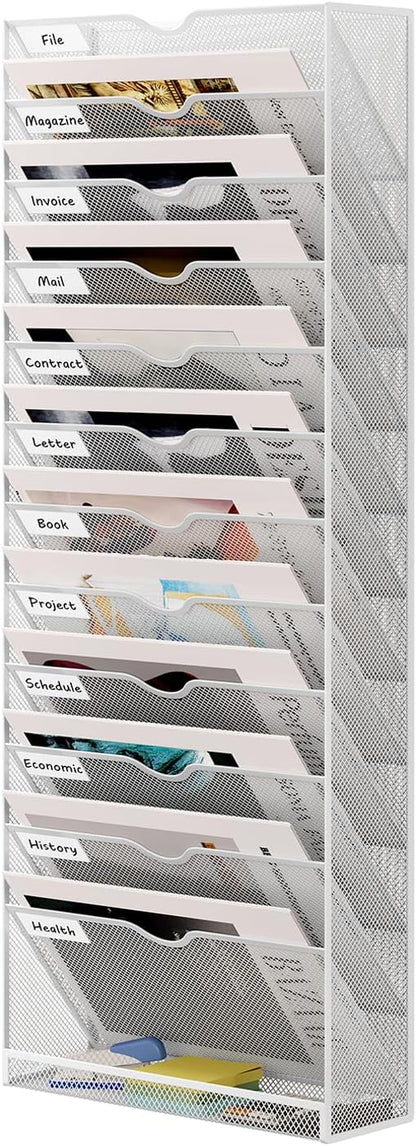 13 Tier Hanging Wall File Holder, Metal A4 Wall Mounted Document Holder, Vertical Hanging Mail Organizer, Magazine Storage Rack with Tray for Office Home Classroom, White