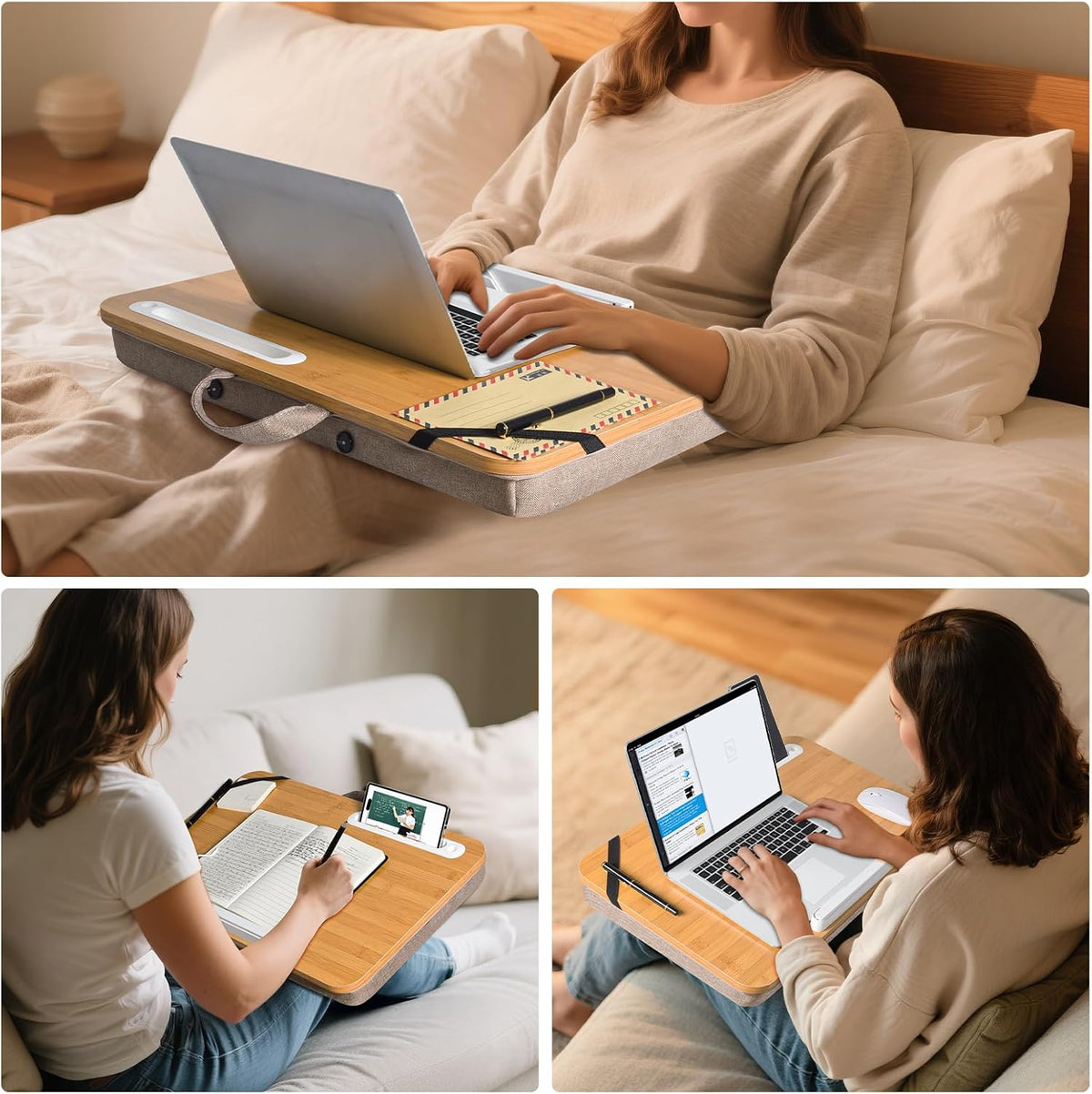 Portable Bamboo Lap Desk Tray, Natural Wood, Large 21.1 x 12.9 Inch, for Home Office