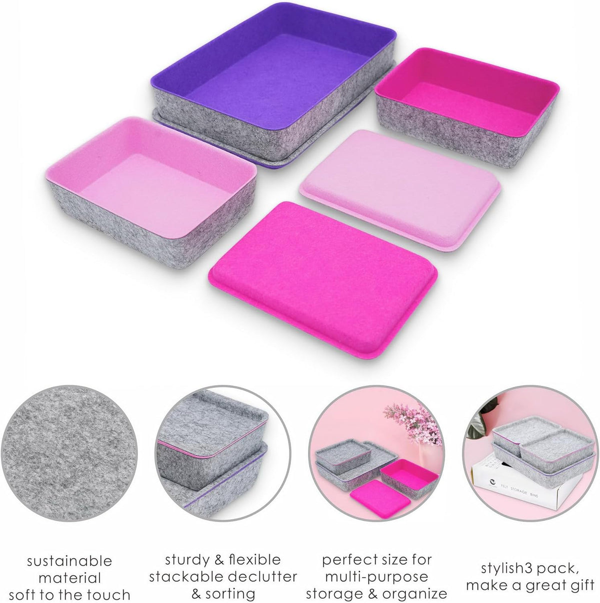 Lidded Felt Drawer Organizer Trays with lids Desktop Organizer Bins Storage box for crafts office supplies pen Junk Makeup Stationery Organize 3-Pack ( light pink + hot pink + purple)