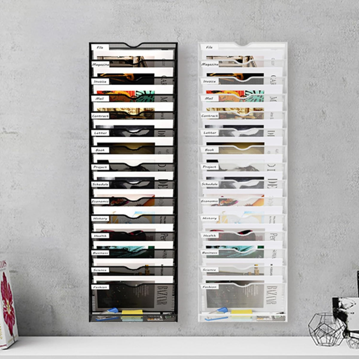 16 Tier Hanging Wall File Holder, Metal A4 Wall Mounted Document Holder, Vertical Hanging Mail Organizer, Magazine Storage Rack with Tray for Office Home Classroom, White