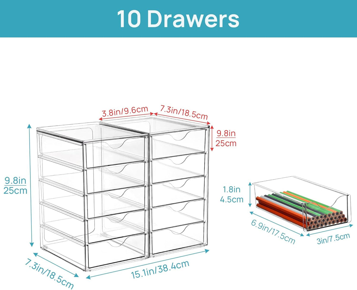 Acrylic Organizer with 10 Drawers, Desk Organizers and Accessories, Clear Makeup Organization, Dustproof Storage Drawers for Office Art Craft Supplie