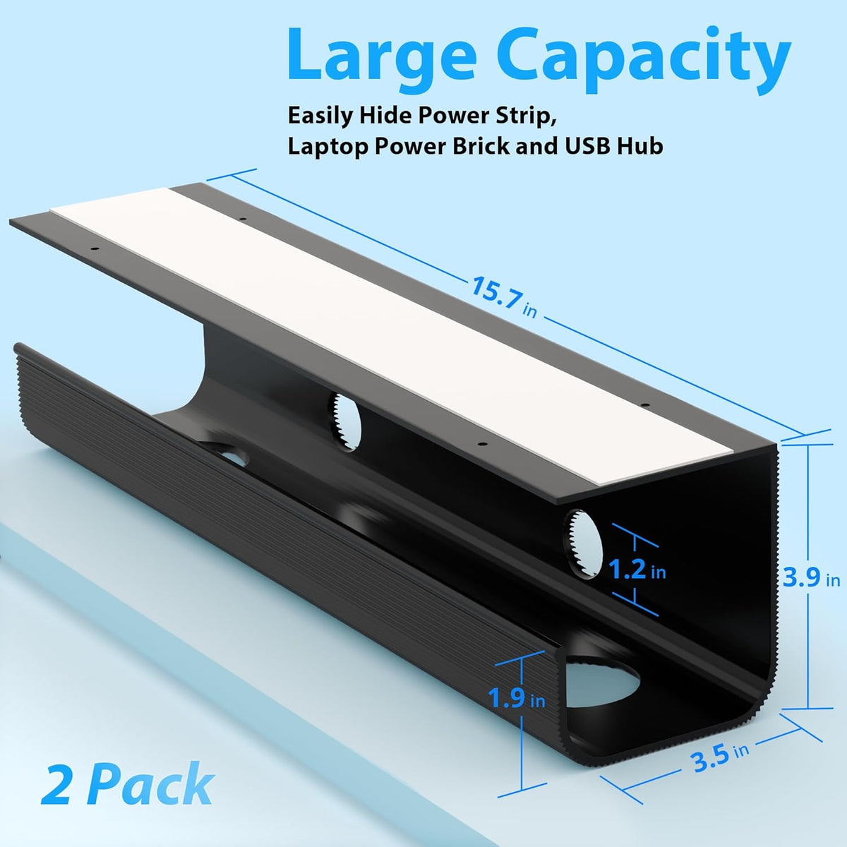 2 Pack Large Capacity Cable Management Tray 31.5in (2xL15.7in), Thick PVC Under Desk Cable Tray Kit with 4 Cable Clips & 5 Ties, Standing Cord Management Desk Organizer for Office or Home, Black