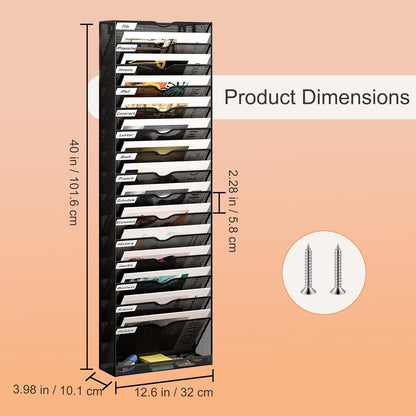 16 Tier Hanging Wall File Holder, Metal A4 Wall Mounted Document Holder, Vertical Hanging Mail Organizer, Magazine Storage Rack with Tray for Office Home Classroom, Black