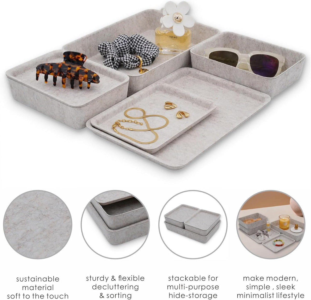 Lidded Felt Drawer Organizer Trays with lids Desktop Organizer Bins Storage box for crafts office supplies pen notes Junk Makeup Stationery Organize 3- Pack (Oatmeal)