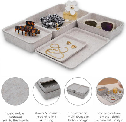 Lidded Felt Drawer Organizer Trays with lids Desktop Organizer Bins Storage box for crafts office supplies pen notes Junk Makeup Stationery Organize 3- Pack (Oatmeal)
