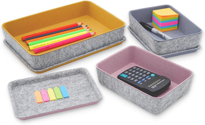 Lidded Felt Drawer Organizer Bin with lids Desktop Stackable Organizer Storage box for crafts office supplies pen notes Junk Makeup Stationery Organize 3-Pack (Curry+Dusty rose +Glacier gray)