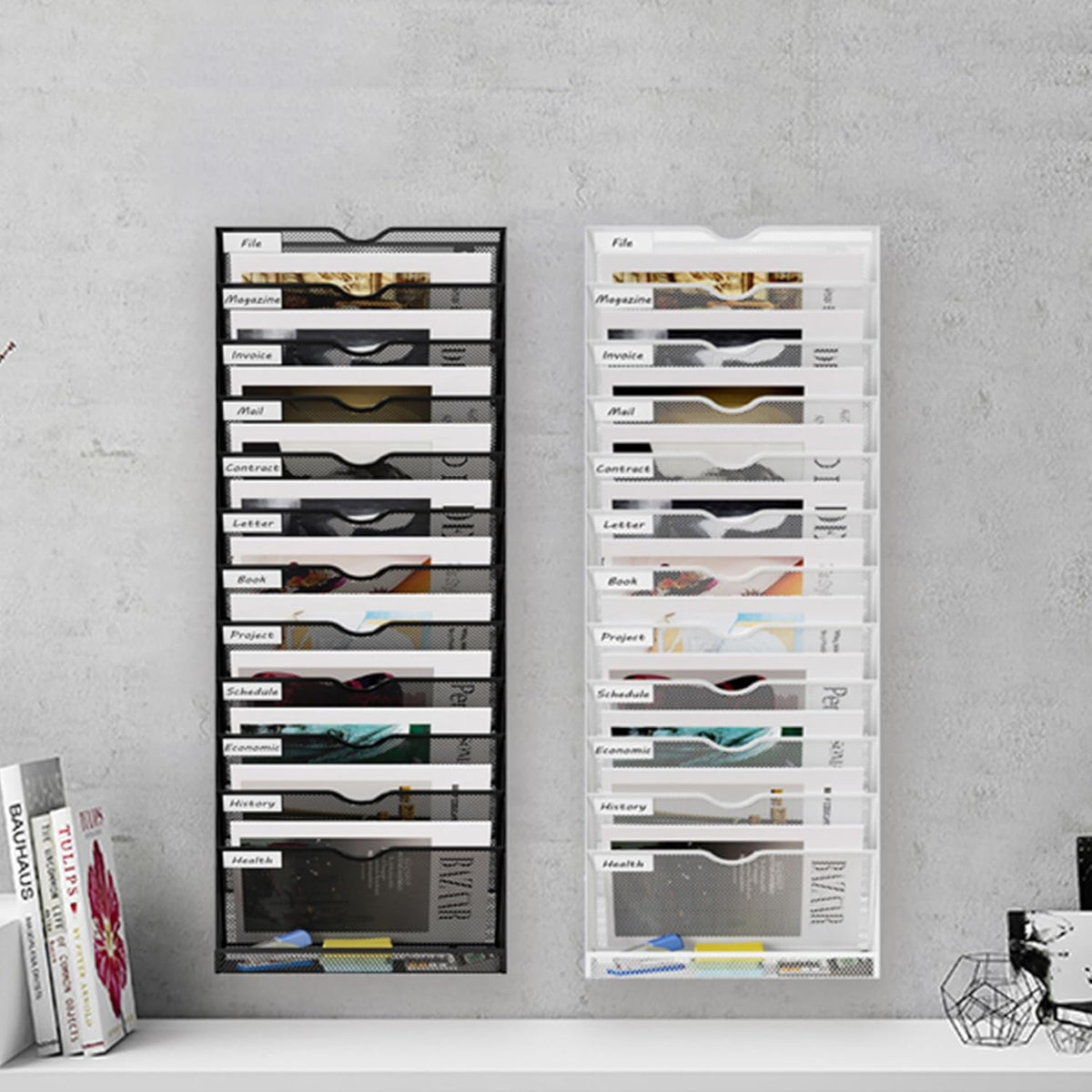 13 Tier Hanging Wall File Holder, Metal A4 Wall Mounted Document Holder, Vertical Hanging Mail Organizer, Magazine Storage Rack with Tray for Office Home Classroom, White