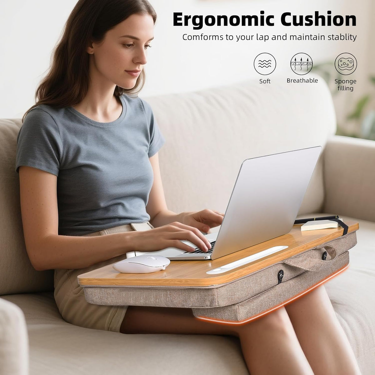Portable Bamboo Lap Desk Tray, Natural Wood, Large 21.1 x 12.9 Inch, for Home Office