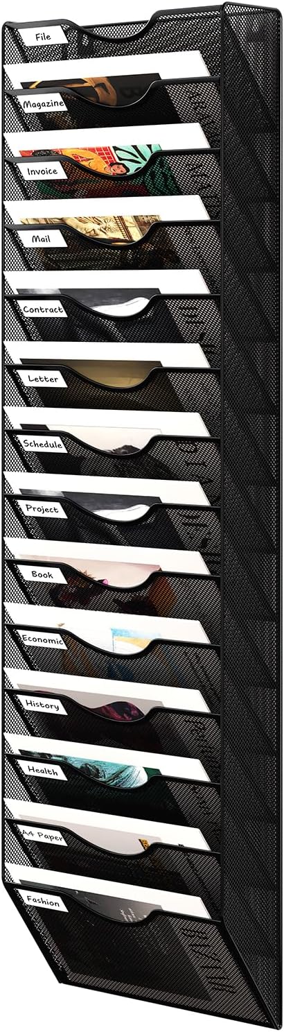 14 Tier Hanging Wall File Holder, Metal A4 Wall Mounted Document Holder, Vertical Hanging Mail Organizer, Magazine Storage Rack with Tray for Office Home Classroom, Black