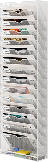 16 Tier Hanging Wall File Holder, Metal A4 Wall Mounted Document Holder, Vertical Hanging Mail Organizer, Magazine Storage Rack with Tray for Office Home Classroom, White