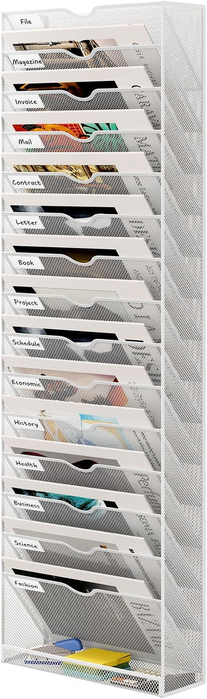 16 Tier Hanging Wall File Holder, Metal A4 Wall Mounted Document Holder, Vertical Hanging Mail Organizer, Magazine Storage Rack with Tray for Office Home Classroom, White