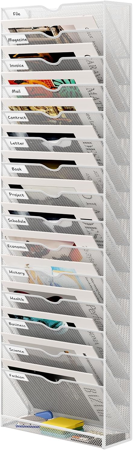 16 Tier Hanging Wall File Holder, Metal A4 Wall Mounted Document Holder, Vertical Hanging Mail Organizer, Magazine Storage Rack with Tray for Office Home Classroom, White