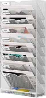 10 Tier Hanging Wall File Holder, Metal A4 Wall Mounted Document Holder, Vertical Hanging Mail Organizer, Magazine Storage Rack with Tray for Office Home Classroom, White