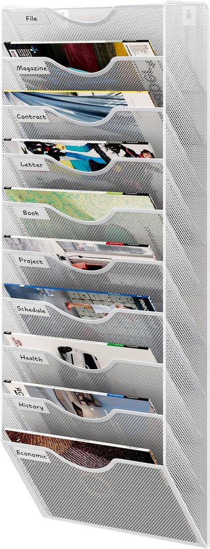 10 Tier Hanging Wall File Holder, Metal A4 Wall Mounted Document Holder, Vertical Hanging Mail Organizer, Magazine Storage Rack with Tray for Office Home Classroom, White