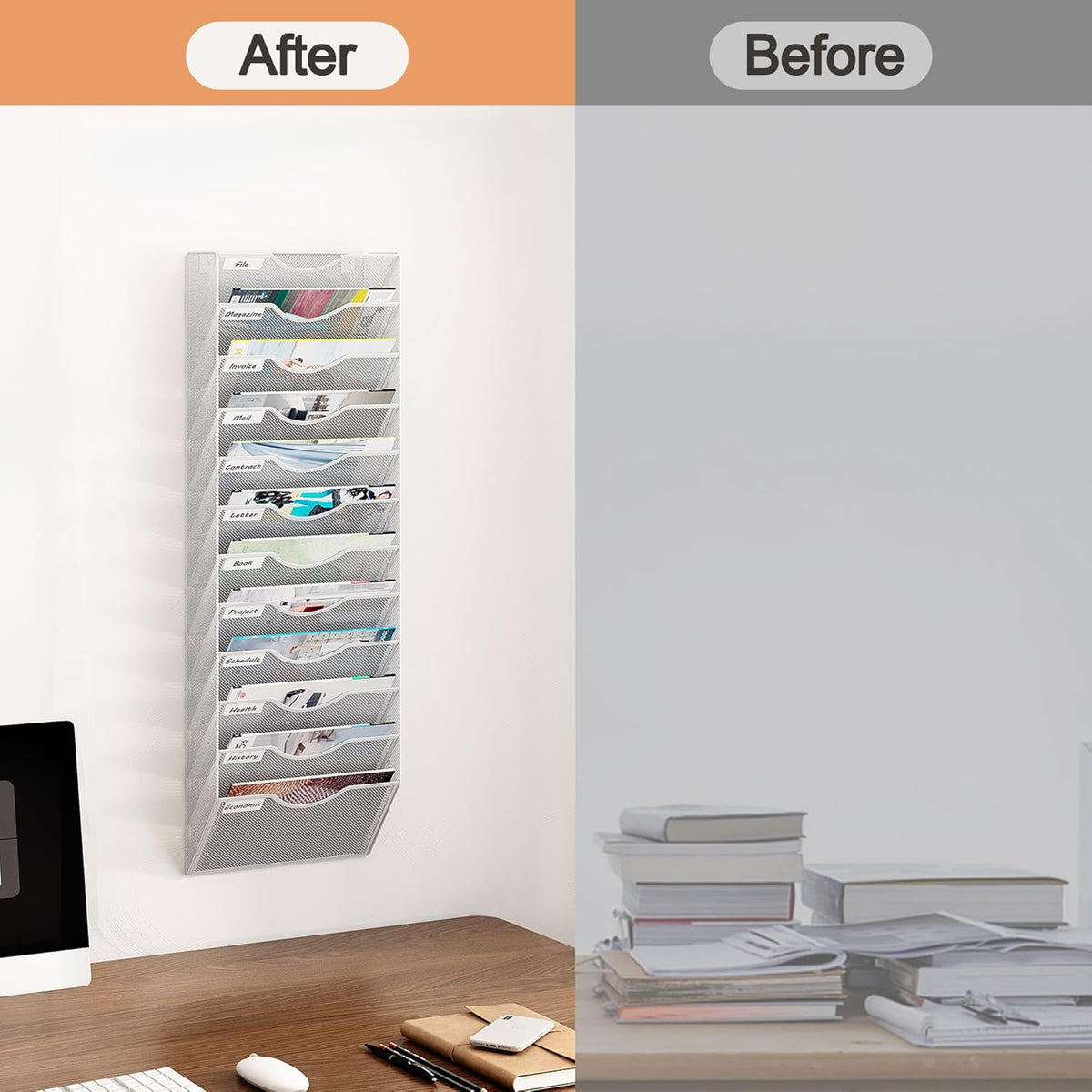 12 Tier Hanging Wall File Holder, Metal A4 Wall Mounted Document Holder, Vertical Hanging Mail Organizer, Magazine Storage Rack for Office Home Classroom, White
