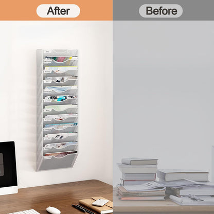 12 Tier Hanging Wall File Holder, Metal A4 Wall Mounted Document Holder, Vertical Hanging Mail Organizer, Magazine Storage Rack for Office Home Classroom, White