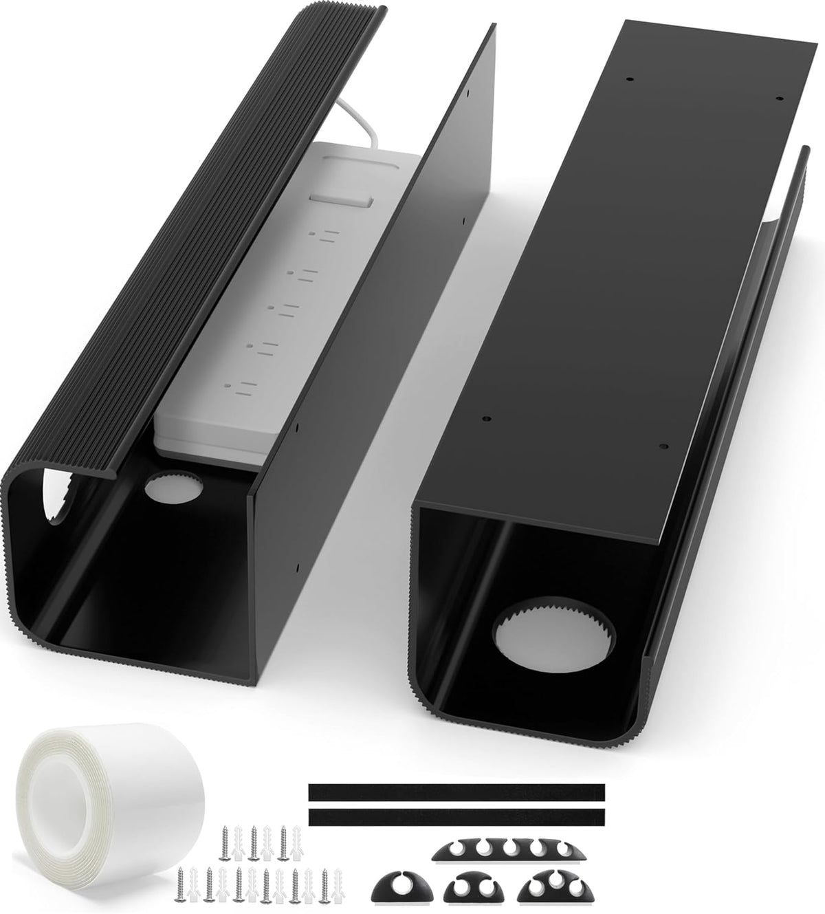 2 Pack Large Capacity Cable Management Tray 31.5in (2xL15.7in), Thick PVC Under Desk Cable Tray Kit with 4 Cable Clips & 5 Ties, Standing Cord Management Desk Organizer for Office or Home, Black