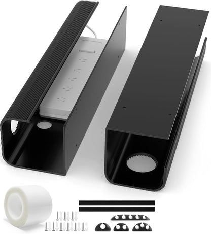 2 Pack Large Capacity Cable Management Tray 31.5in (2xL15.7in), Thick PVC Under Desk Cable Tray Kit with 4 Cable Clips & 5 Ties, Standing Cord Management Desk Organizer for Office or Home, Black