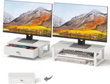 Dual Monitor Stand Riser with Drawers, Desk Organizers for 2 Monitors, Desktop Storage Stand for Computer, Laptop, White