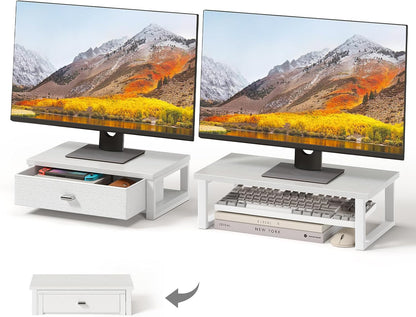 Dual Monitor Stand Riser with Drawers, Desk Organizers for 2 Monitors, Desktop Storage Stand for Computer, Laptop, White