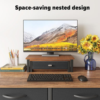Dual Monitor Stand Riser with Drawers, Desk Organizers for 2 Monitors, Desktop Storage Stand for Computer, Laptop, Walnut