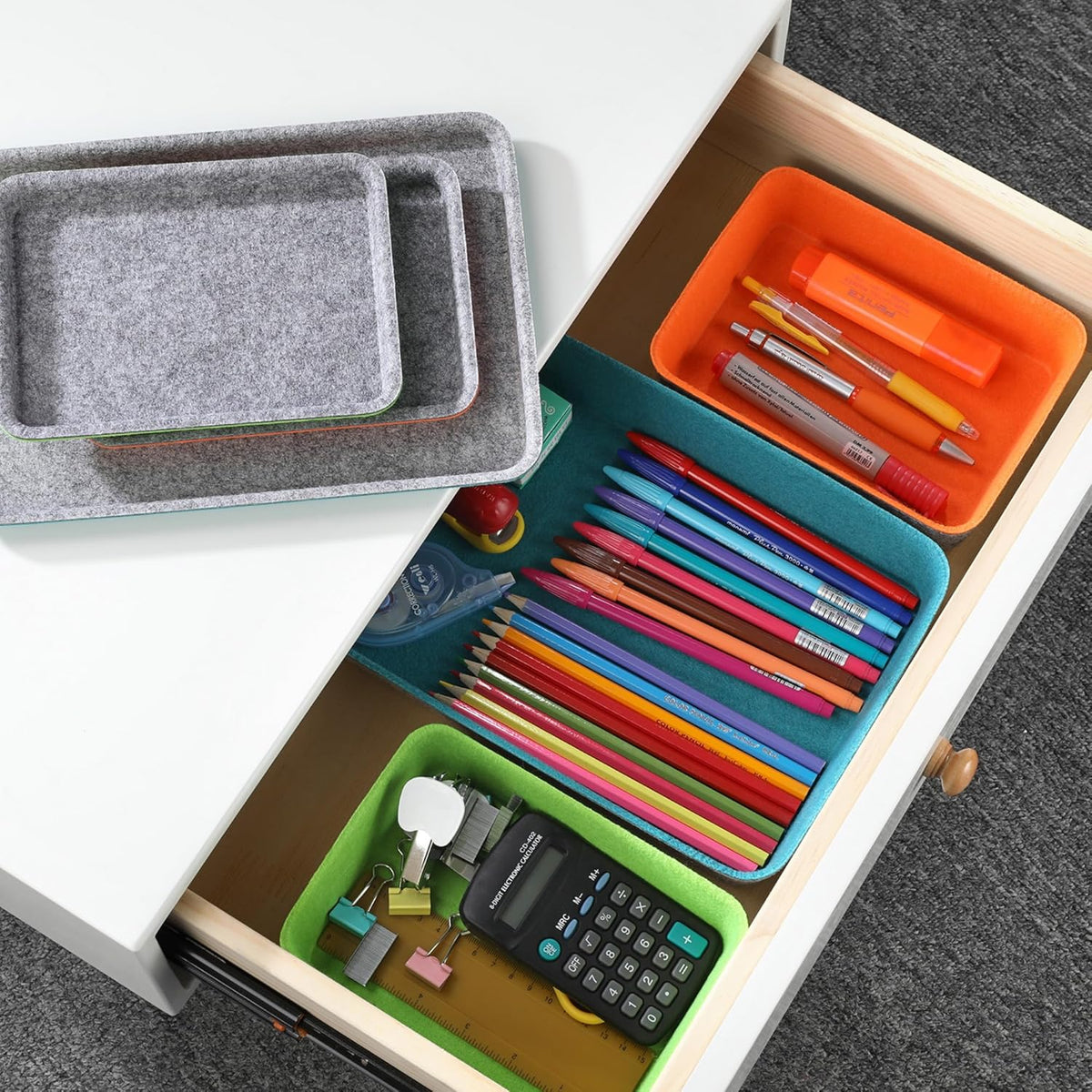 stackable Lidded drawer organizer bins home office work desktop storage box with lid for junk makeup stationery decluttering sorting 3-pack (Orange + Green + Turquoise)