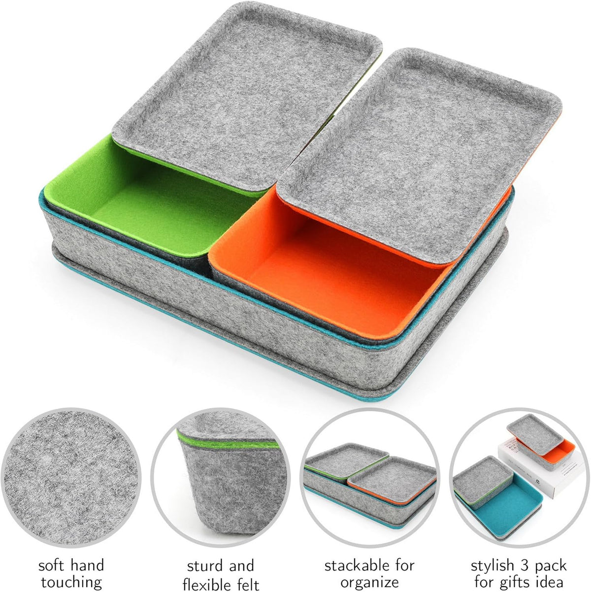 stackable Lidded drawer organizer bins home office work desktop storage box with lid for junk makeup stationery decluttering sorting 3-pack (Orange + Green + Turquoise)