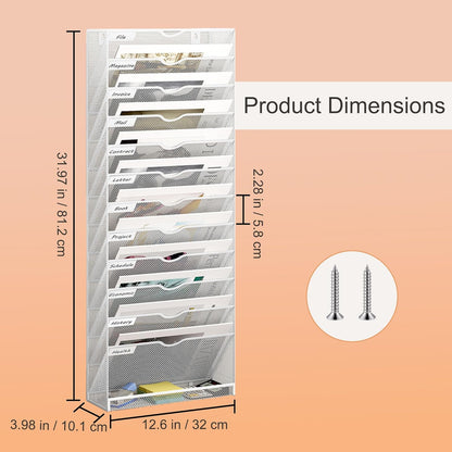 13 Tier Hanging Wall File Holder, Metal A4 Wall Mounted Document Holder, Vertical Hanging Mail Organizer, Magazine Storage Rack with Tray for Office Home Classroom, White