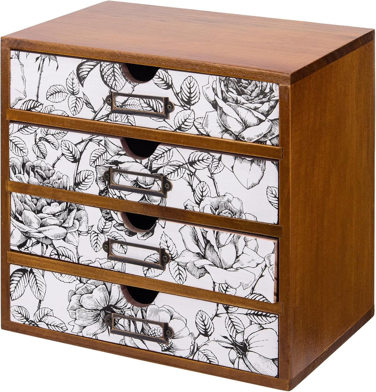 Vintage Desk Organizer with 4 Black & White Floral Drawers - Wooden Storage Shelf Drawer for Tabletop - Wood Desktop Organizing Box Cabinet - Black & White Monochrome Botanical Botanical Floral Pattern