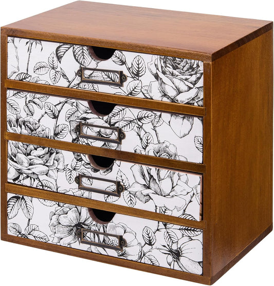 Vintage Desk Organizer with 4 Black & White Floral Drawers - Wooden Storage Shelf Drawer for Tabletop - Wood Desktop Organizing Box Cabinet - Black & White Monochrome Botanical Botanical Floral Pattern