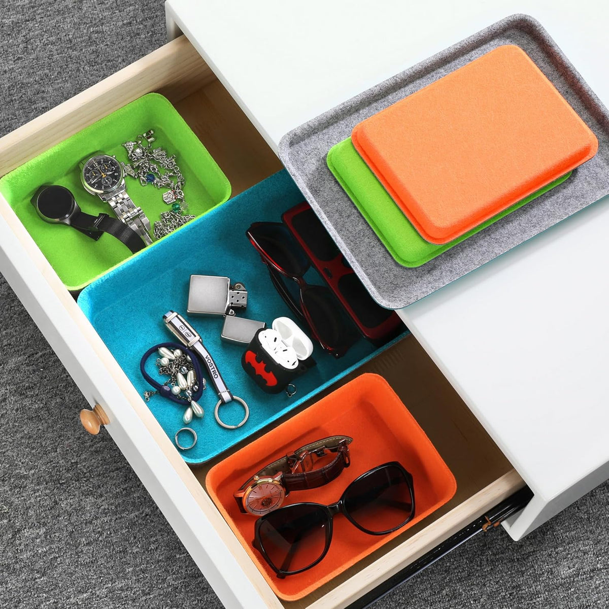 stackable Lidded drawer organizer bins home office work desktop storage box with lid for junk makeup stationery decluttering sorting 3-pack (Orange + Green + Turquoise)