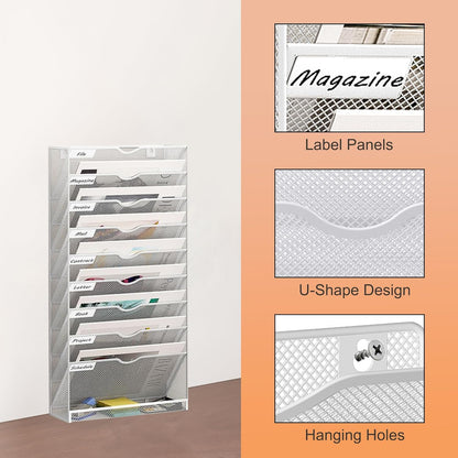 10 Tier Hanging Wall File Holder, Metal A4 Wall Mounted Document Holder, Vertical Hanging Mail Organizer, Magazine Storage Rack with Tray for Office Home Classroom, White