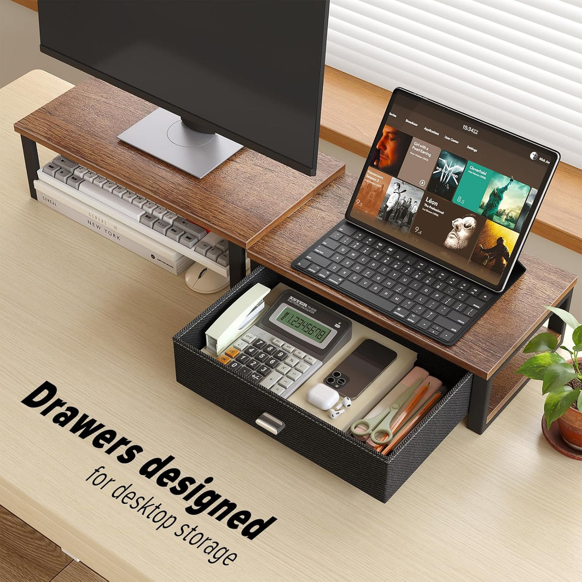 Dual Monitor Stand Riser with Drawers, Desk Organizers for 2 Monitors, Desktop Storage Stand for Computer, Laptop, Walnut