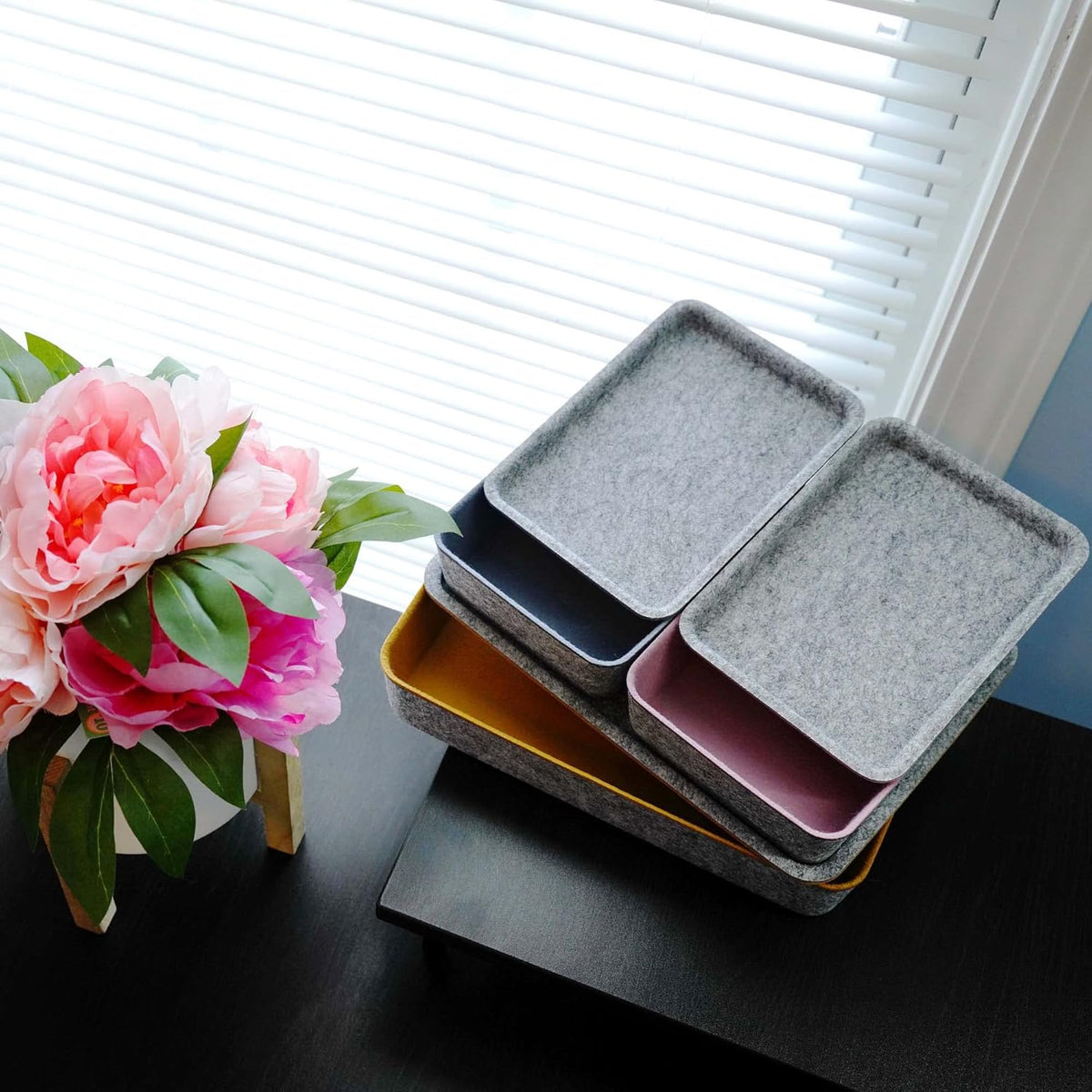 Lidded Felt Drawer Organizer Bin with lids Desktop Stackable Organizer Storage box for crafts office supplies pen notes Junk Makeup Stationery Organize 3-Pack (Curry+Dusty rose +Glacier gray)