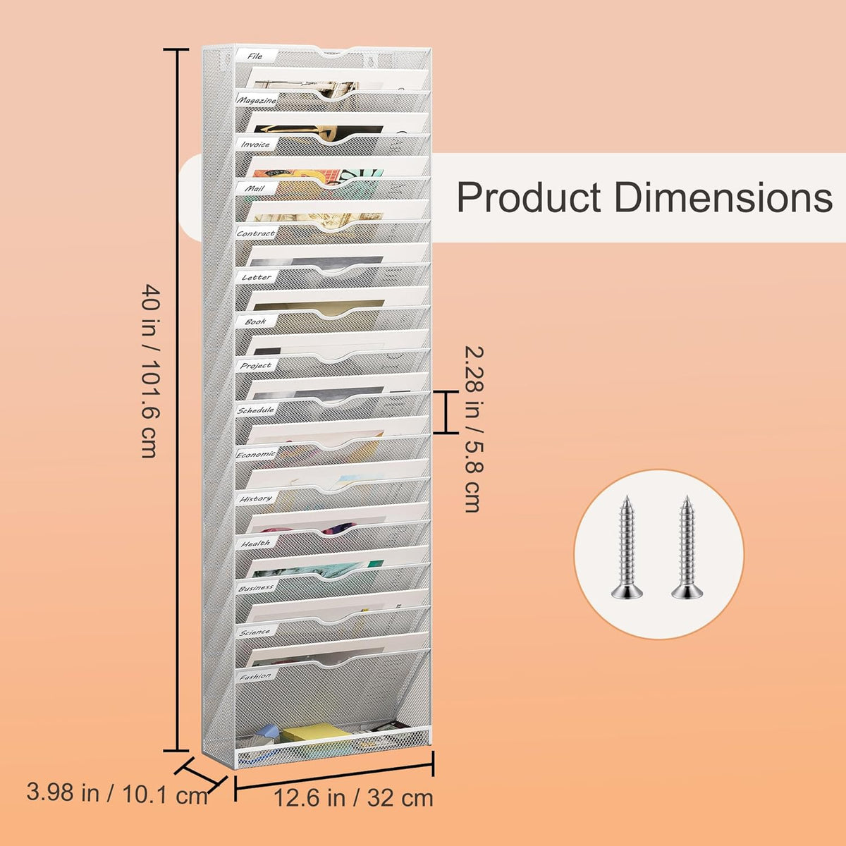 16 Tier Hanging Wall File Holder, Metal A4 Wall Mounted Document Holder, Vertical Hanging Mail Organizer, Magazine Storage Rack with Tray for Office Home Classroom, White