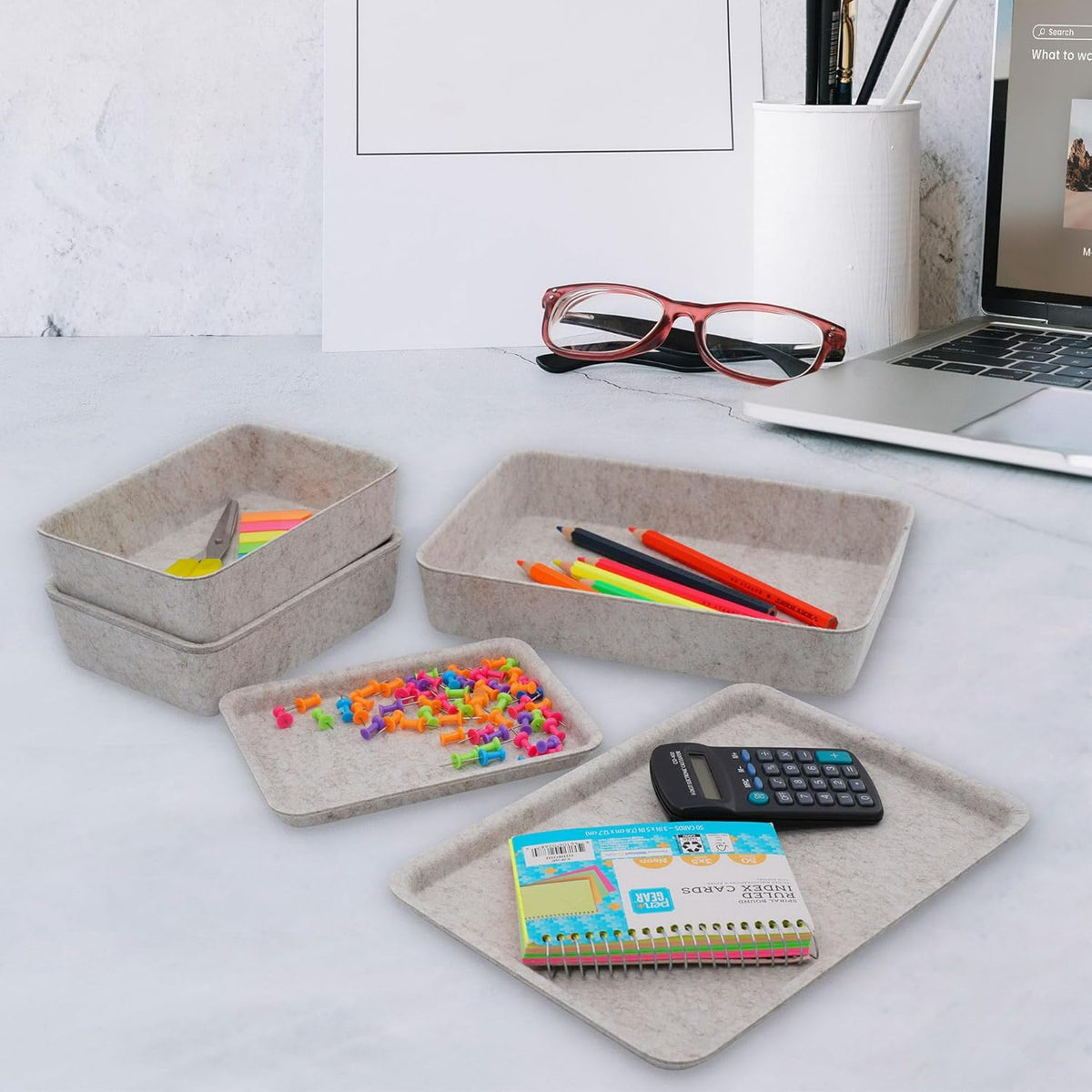 Lidded Felt Drawer Organizer Trays with lids Desktop Organizer Bins Storage box for crafts office supplies pen notes Junk Makeup Stationery Organize 3- Pack (Oatmeal)