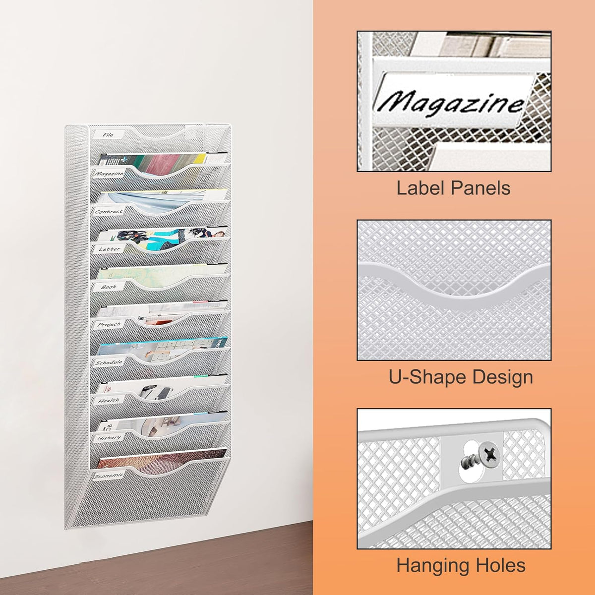 10 Tier Hanging Wall File Holder, Metal A4 Wall Mounted Document Holder, Vertical Hanging Mail Organizer, Magazine Storage Rack with Tray for Office Home Classroom, White