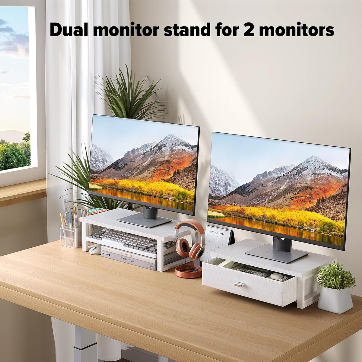 Dual Monitor Stand Riser with Drawers, Desk Organizers for 2 Monitors, Desktop Storage Stand for Computer, Laptop, White