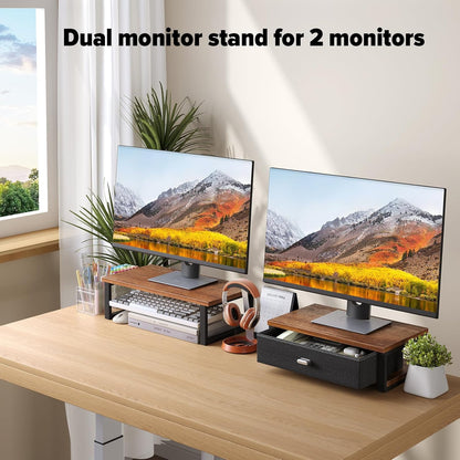 Dual Monitor Stand Riser with Drawers, Desk Organizers for 2 Monitors, Desktop Storage Stand for Computer, Laptop, Walnut