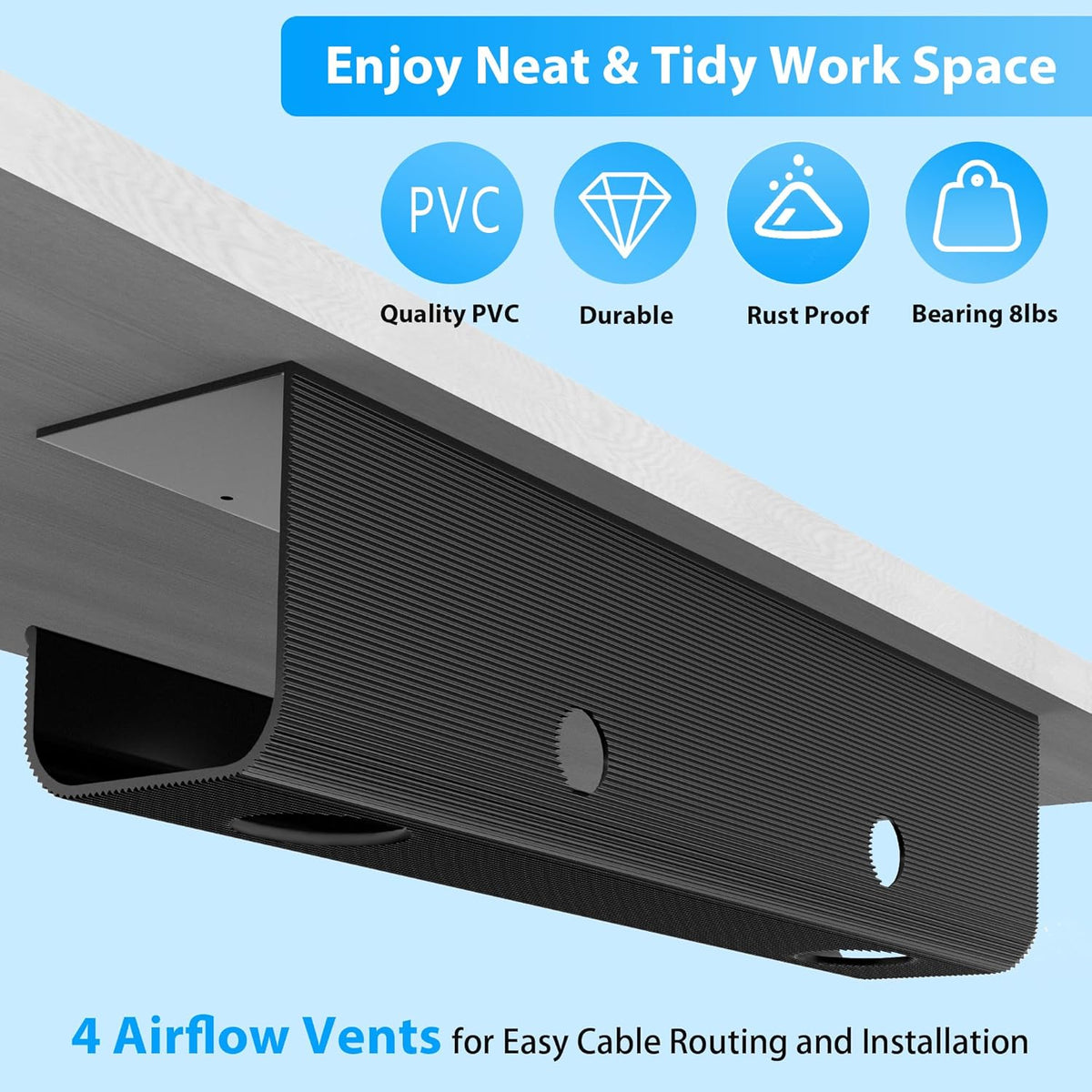 2 Pack Large Capacity Cable Management Tray 31.5in (2xL15.7in), Thick PVC Under Desk Cable Tray Kit with 4 Cable Clips & 5 Ties, Standing Cord Management Desk Organizer for Office or Home, Black