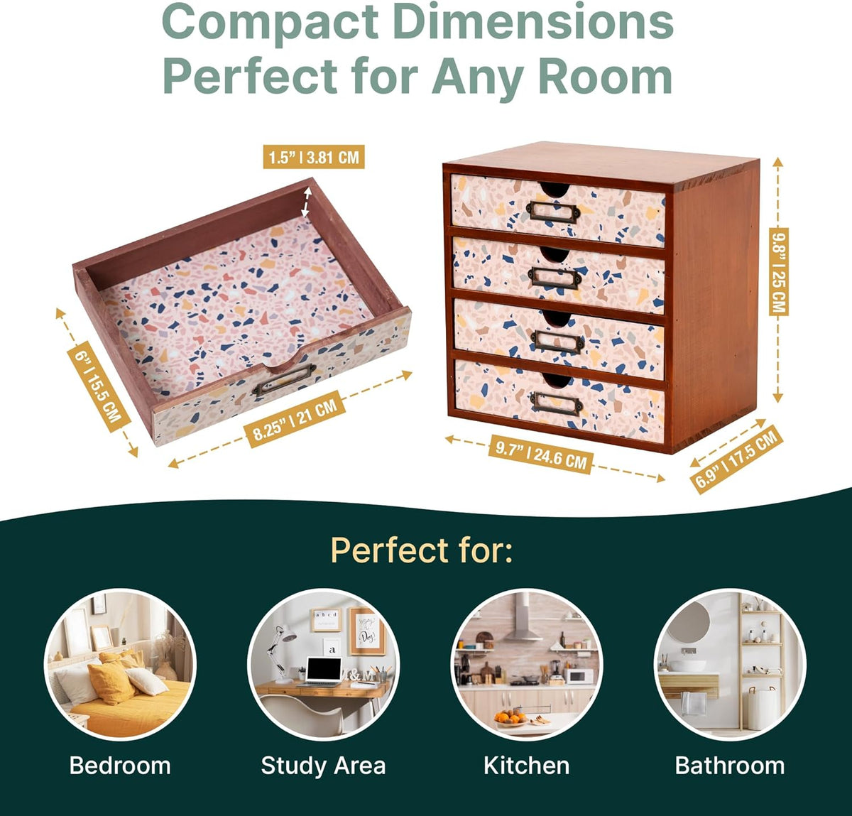 Terrazzo Pattern Wooden Desk Organizer - 4-Drawer Desktop Storage - Modern & Rustic Wood Cabinet for Office Supplies, Craft Tools, & Home Organization - Cute Drawer Unit
