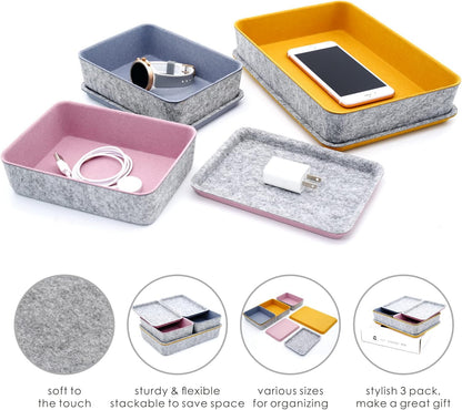 Lidded Felt Drawer Organizer Bin with lids Desktop Stackable Organizer Storage box for crafts office supplies pen notes Junk Makeup Stationery Organize 3-Pack (Curry+Dusty rose +Glacier gray)